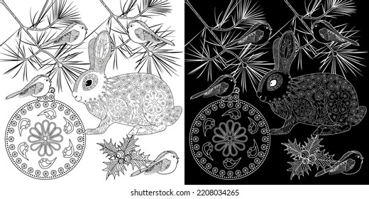 Art therapy coloring page. Rabbit and Christmas balls. Holiday christmas stickers. Cute Christmas background for wallpaper, gift paper, pattern fills, textile, greetings cards.
