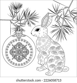 Art therapy coloring page. Rabbit and Christmas balls. Holiday christmas stickers. Cute Christmas background for wallpaper, gift paper, pattern fills, textile, greetings cards.
