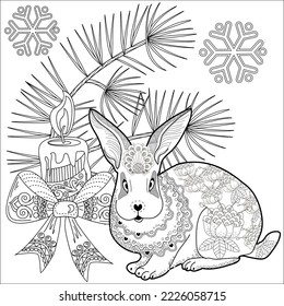 Art therapy coloring page. Rabbit and Christmas balls. Holiday christmas stickers. Cute Christmas background for wallpaper, gift paper, pattern fills, textile, greetings cards.
