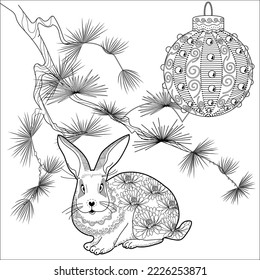 Art therapy coloring page. Rabbit and Christmas balls. Holiday christmas stickers. Cute Christmas background for wallpaper, gift paper, pattern fills, textile, greetings cards.
