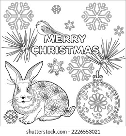 Art therapy coloring page. Rabbit and Christmas balls. Holiday christmas stickers. Cute Christmas background for wallpaper, gift paper, pattern fills, textile, greetings cards.
