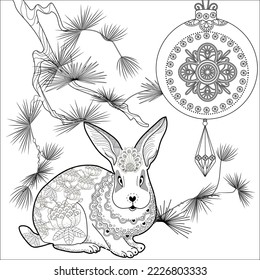 Art therapy coloring page. Rabbit and Christmas balls. Holiday christmas stickers. Cute Christmas background for wallpaper, gift paper, pattern fills, textile, greetings cards.
