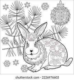 Art therapy coloring page. Rabbit and Christmas balls. Holiday christmas stickers. Cute Christmas background for wallpaper, gift paper, pattern fills, textile, greetings cards.
