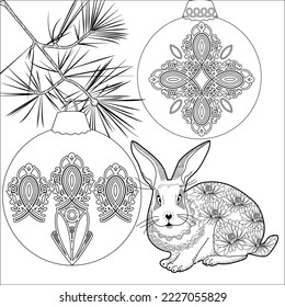 Art therapy coloring page. Rabbit and Christmas balls. Holiday christmas stickers. Cute Christmas background for wallpaper, gift paper, pattern fills, textile, greetings cards.
