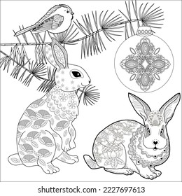 Art therapy coloring page. Rabbit and Christmas balls. Holiday christmas stickers. Cute Christmas background for wallpaper, gift paper, pattern fills, textile, greetings cards.
