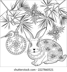 Art therapy coloring page. Rabbit and Christmas balls. Holiday christmas stickers. Cute Christmas background for wallpaper, gift paper, pattern fills, textile, greetings cards.
