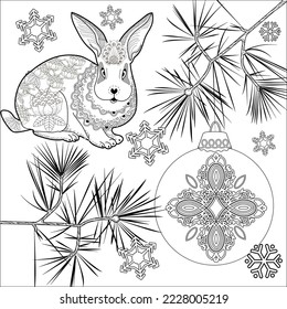 Art therapy coloring page. Rabbit and Christmas balls. Holiday christmas stickers. Cute Christmas background for wallpaper, gift paper, pattern fills, textile, greetings cards.
