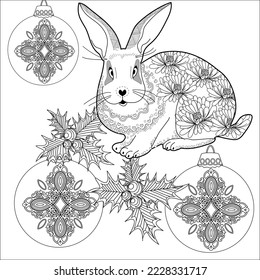 Art therapy coloring page. Rabbit and Christmas balls. Holiday christmas stickers. Cute Christmas background for wallpaper, gift paper, pattern fills, textile, greetings cards.
