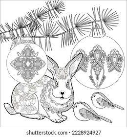 Art therapy coloring page. Rabbit and Christmas balls. Holiday christmas stickers. Cute Christmas background for wallpaper, gift paper, pattern fills, textile, greetings cards.
