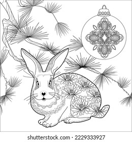 Art therapy coloring page. Rabbit and Christmas balls. Holiday christmas stickers. Cute Christmas background for wallpaper, gift paper, pattern fills, textile, greetings cards.
