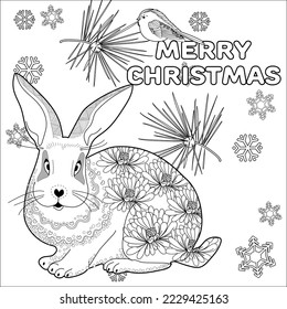 Art therapy coloring page. Rabbit and Christmas balls. Holiday christmas stickers. Cute Christmas background for wallpaper, gift paper, pattern fills, textile, greetings cards.
