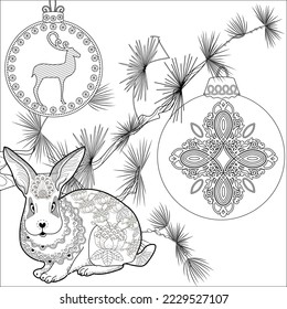 Art therapy coloring page. Rabbit and Christmas balls. Holiday christmas stickers. Cute Christmas background for wallpaper, gift paper, pattern fills, textile, greetings cards.
