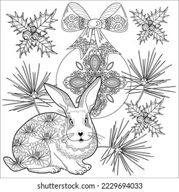 Art therapy coloring page. Rabbit and Christmas balls. Holiday christmas stickers. Cute Christmas background for wallpaper, gift paper, pattern fills, textile, greetings cards.
