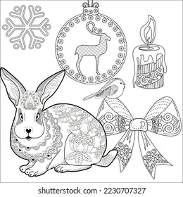 Art therapy coloring page. Rabbit and Christmas balls. Holiday christmas stickers. Cute Christmas background for wallpaper, gift paper, pattern fills, textile, greetings cards.
