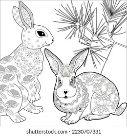 Art therapy coloring page. Rabbit and Christmas balls. Holiday christmas stickers. Cute Christmas background for wallpaper, gift paper, pattern fills, textile, greetings cards.
