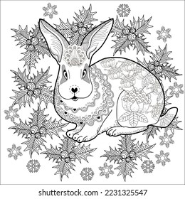 Art therapy coloring page. Rabbit and Christmas balls. Holiday christmas stickers. Cute Christmas background for wallpaper, gift paper, pattern fills, textile, greetings cards.
