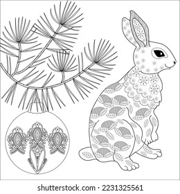 Art therapy coloring page. Rabbit and Christmas balls. Holiday christmas stickers. Cute Christmas background for wallpaper, gift paper, pattern fills, textile, greetings cards.
