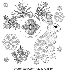 Art therapy coloring page. Rabbit and Christmas balls. Holiday christmas stickers. Cute Christmas background for wallpaper, gift paper, pattern fills, textile, greetings cards.
