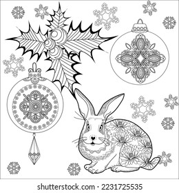 Art therapy coloring page. Rabbit and Christmas balls. Holiday christmas stickers. Cute Christmas background for wallpaper, gift paper, pattern fills, textile, greetings cards.
