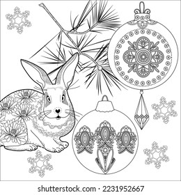 Art therapy coloring page. Rabbit and Christmas balls. Holiday christmas stickers. Cute Christmas background for wallpaper, gift paper, pattern fills, textile, greetings cards.
