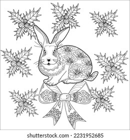 Art therapy coloring page. Rabbit and Christmas balls. Holiday christmas stickers. Cute Christmas background for wallpaper, gift paper, pattern fills, textile, greetings cards.
