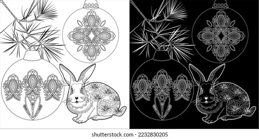 Art therapy coloring page. Rabbit and Christmas balls. Holiday christmas stickers. Cute Christmas background for wallpaper, gift paper, pattern fills, textile, greetings cards.
