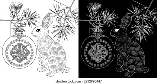 Art therapy coloring page. Rabbit and Christmas balls. Holiday christmas stickers. Cute Christmas background for wallpaper, gift paper, pattern fills, textile, greetings cards.
