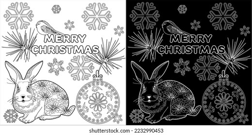 Art therapy coloring page. Rabbit and Christmas balls. Holiday christmas stickers. Cute Christmas background for wallpaper, gift paper, pattern fills, textile, greetings cards.
