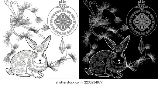 Art therapy coloring page. Rabbit and Christmas balls. Holiday christmas stickers. Cute Christmas background for wallpaper, gift paper, pattern fills, textile, greetings cards.
