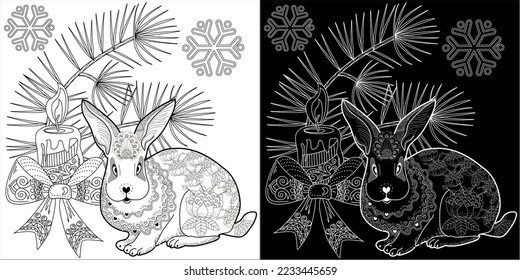 Art therapy coloring page. Rabbit and Christmas balls. Holiday christmas stickers. Cute Christmas background for wallpaper, gift paper, pattern fills, textile, greetings cards.
