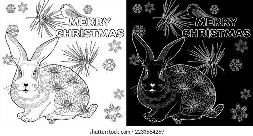 Art therapy coloring page. Rabbit and Christmas balls. Holiday christmas stickers. Cute Christmas background for wallpaper, gift paper, pattern fills, textile, greetings cards.
