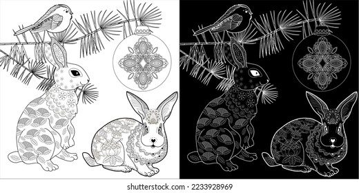 Art therapy coloring page. Rabbit and Christmas balls. Holiday christmas stickers. Cute Christmas background for wallpaper, gift paper, pattern fills, textile, greetings cards.
