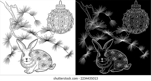 Art therapy coloring page. Rabbit and Christmas balls. Holiday christmas stickers. Cute Christmas background for wallpaper, gift paper, pattern fills, textile, greetings cards.
