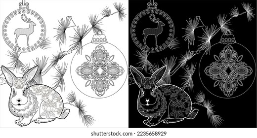 Art therapy coloring page. Rabbit and Christmas balls. Holiday christmas stickers. Cute Christmas background for wallpaper, gift paper, pattern fills, textile, greetings cards.
