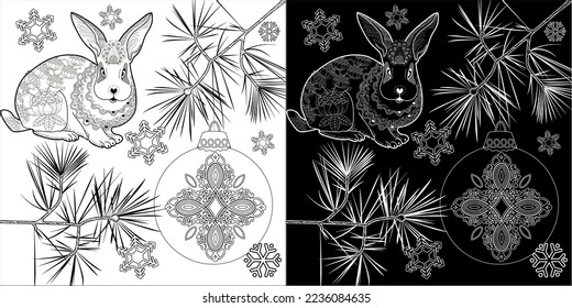 Art therapy coloring page. Rabbit and Christmas balls. Holiday christmas stickers. Cute Christmas background for wallpaper, gift paper, pattern fills, textile, greetings cards.
