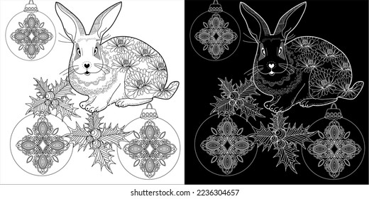 Art therapy coloring page. Rabbit and Christmas balls. Holiday christmas stickers. Cute Christmas background for wallpaper, gift paper, pattern fills, textile, greetings cards.
