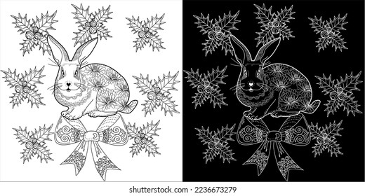 Art therapy coloring page. Rabbit and Christmas balls. Holiday christmas stickers. Cute Christmas background for wallpaper, gift paper, pattern fills, textile, greetings cards.
