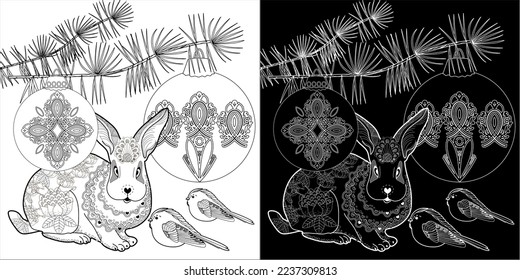 Art therapy coloring page. Rabbit and Christmas balls. Holiday christmas stickers. Cute Christmas background for wallpaper, gift paper, pattern fills, textile, greetings cards.
