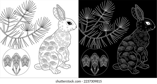 Art therapy coloring page. Rabbit and Christmas balls. Holiday christmas stickers. Cute Christmas background for wallpaper, gift paper, pattern fills, textile, greetings cards.
