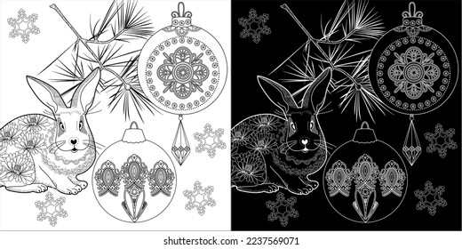 Art therapy coloring page. Rabbit and Christmas balls. Holiday christmas stickers. Cute Christmas background for wallpaper, gift paper, pattern fills, textile, greetings cards.
