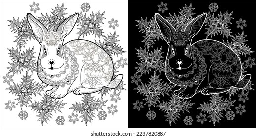 Art therapy coloring page. Rabbit and Christmas balls. Holiday christmas stickers. Cute Christmas background for wallpaper, gift paper, pattern fills, textile, greetings cards.
