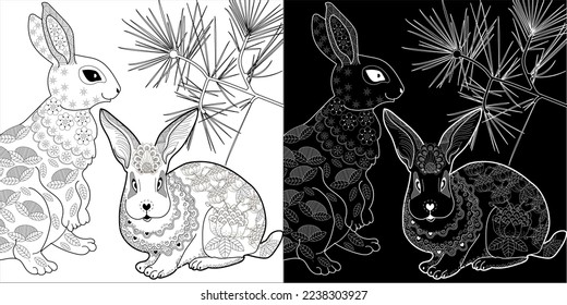 Art therapy coloring page. Rabbit and Christmas balls. Holiday christmas stickers. Cute Christmas background for wallpaper, gift paper, pattern fills, textile, greetings cards.
