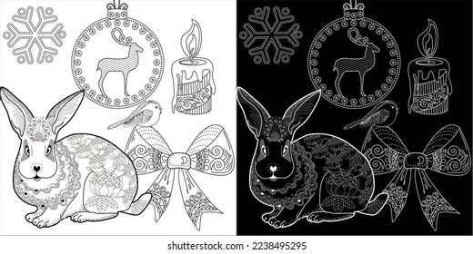 Art therapy coloring page. Rabbit and Christmas balls. Holiday christmas stickers. Cute Christmas background for wallpaper, gift paper, pattern fills, textile, greetings cards.
