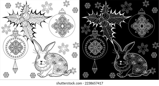 Art therapy coloring page. Rabbit and Christmas balls. Holiday christmas stickers. Cute Christmas background for wallpaper, gift paper, pattern fills, textile, greetings cards.
