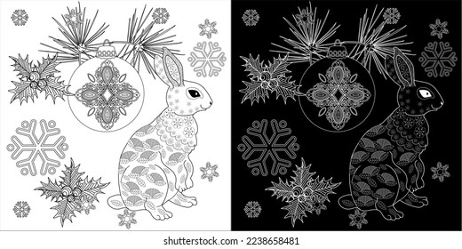 Art therapy coloring page. Rabbit and Christmas balls. Holiday christmas stickers. Cute Christmas background for wallpaper, gift paper, pattern fills, textile, greetings cards.
