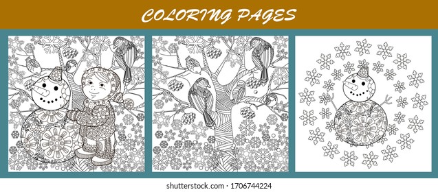 Art therapy coloring page. Set of hand drawn Christmas toys, a snowman and a child on a white background. Doodle style christmas coloring book.