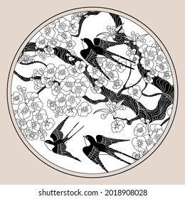Página de coloreo de la terapia artística. Trague las aves en un estilo vintage con ramas de cerezo florecientes. Arte de grabado lineal. Concepto romántico.