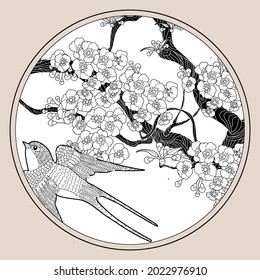 Art therapy coloring page. Swallow birds in vintage style with blossoming cherry branches. Linear engraving art. Romantic concept.