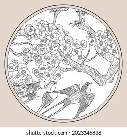 Art therapy coloring page. Swallow birds in vintage style with blossoming cherry branches. Linear engraving art. Romantic concept.