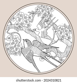 Art therapy coloring page. Swallow birds in vintage style with blossoming cherry branches. Linear engraving art. Romantic concept.